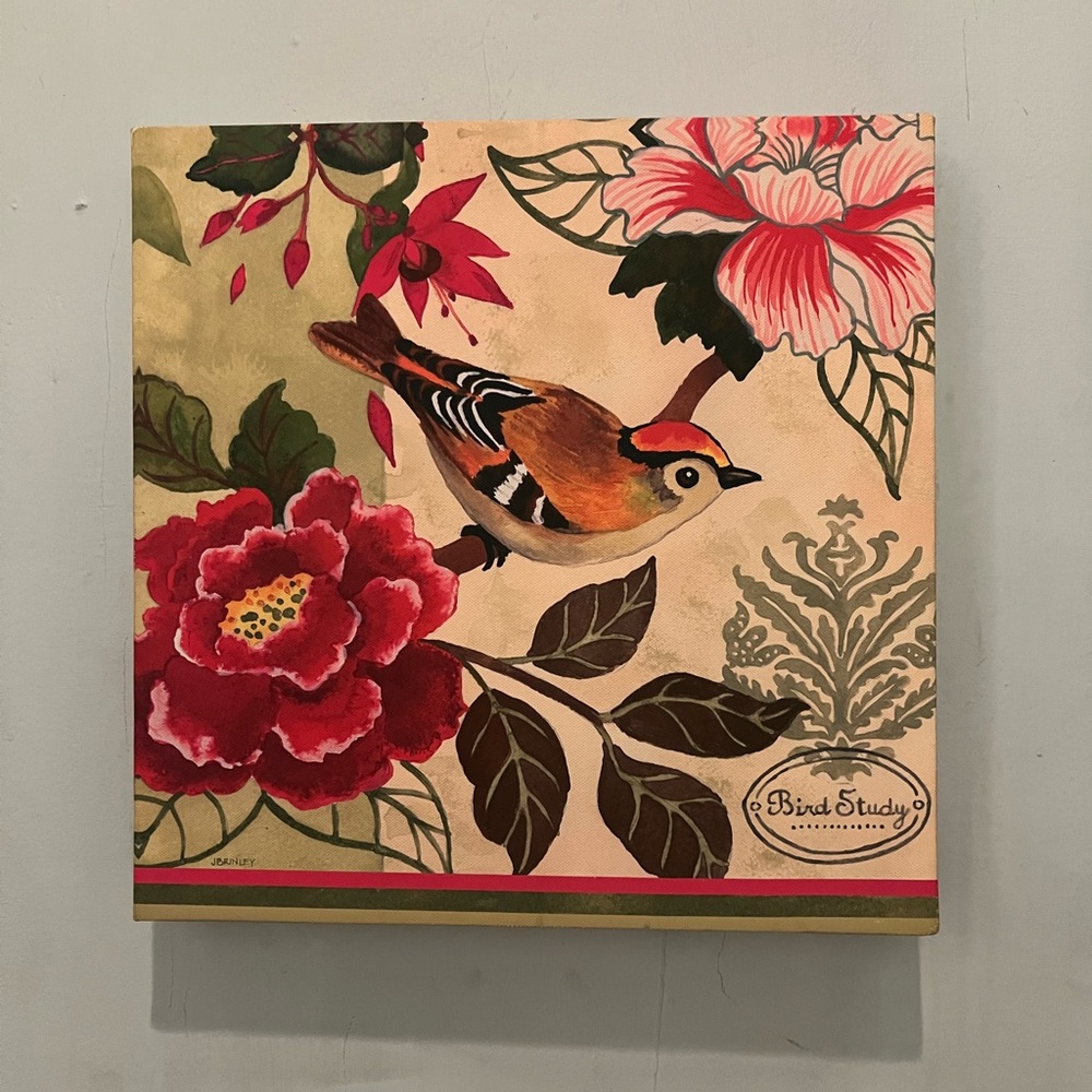 Floral Bird Study Wall Art - Red and Green